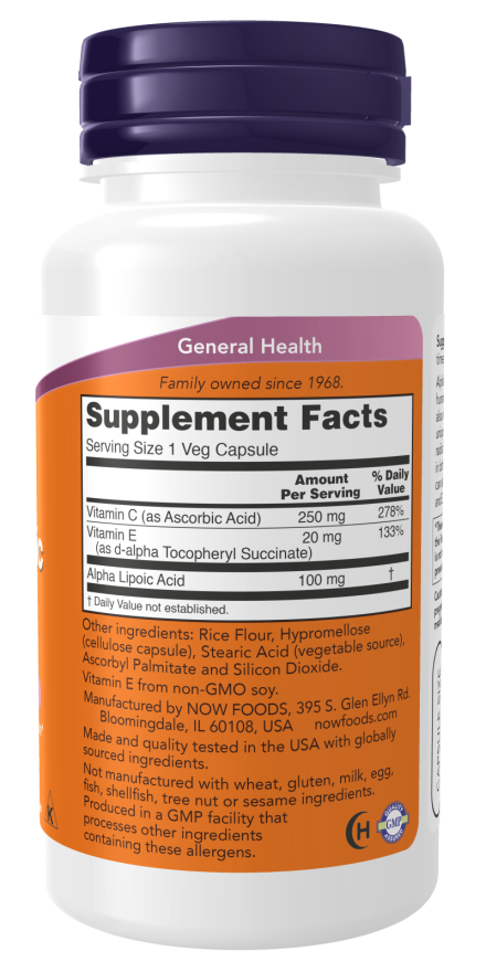 Ácido Alfa-Lipóico com Vitaminas C & E, 100mg - Cápsulas Vegetarianas