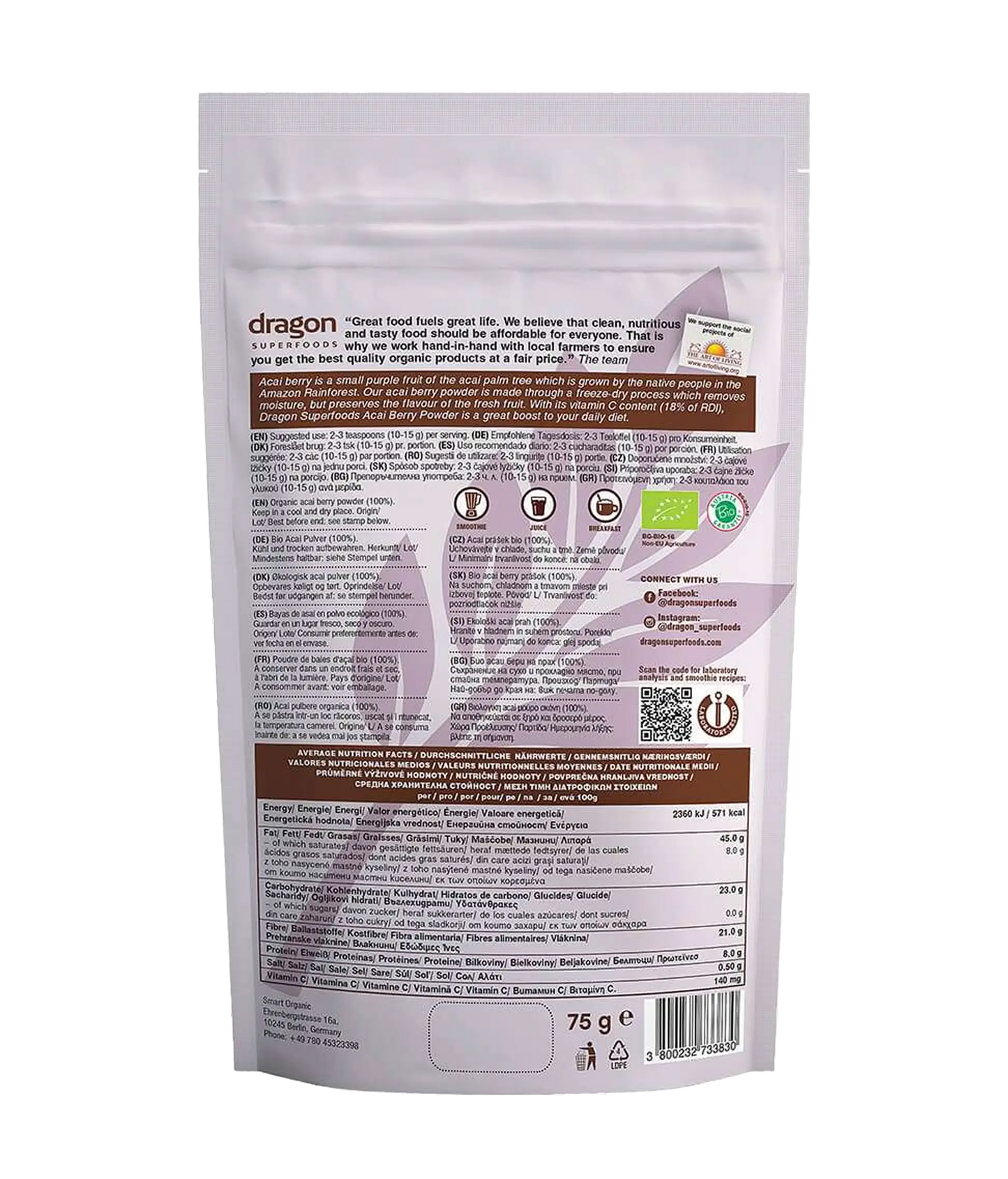 Açaí em pó biológico liofilizado, 75g