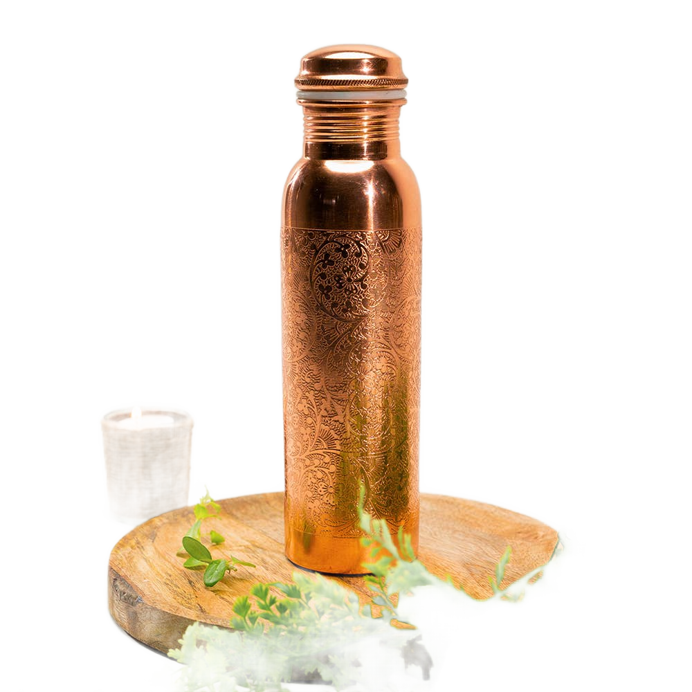 Pure Copper Water Bottle Hammered Edge Top ± 1 Liter - Só Verde