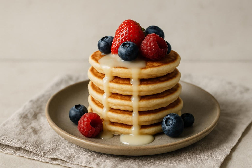 Fluffy Pancakes with Condensed Milk and Berries - Só Verde