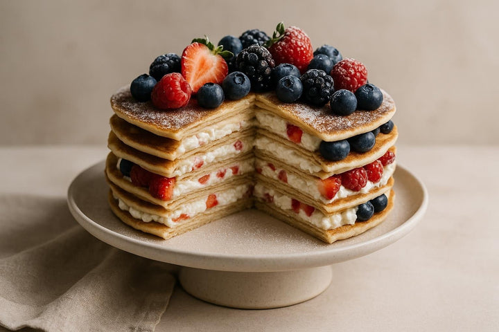Pancake Cake with Cottage Cheese Cream and Berries - Só Verde