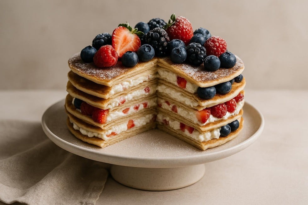 Pancake Cake with Cottage Cheese Cream and Berries - Só Verde