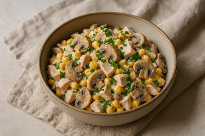 Salad with Smoked Chicken, Corn and Button Mushrooms