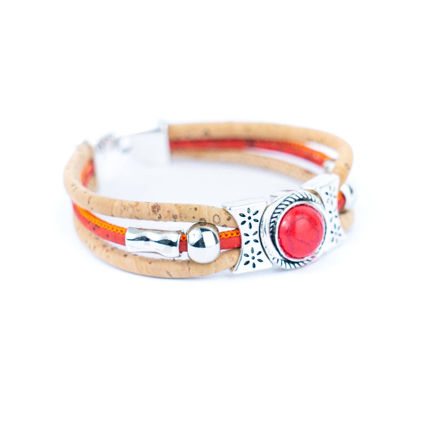 Natural cork cord and ceramic beads handmade bracelet and ring set