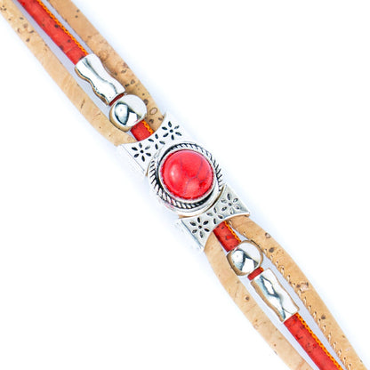 Natural cork cord and ceramic beads handmade bracelet and ring set