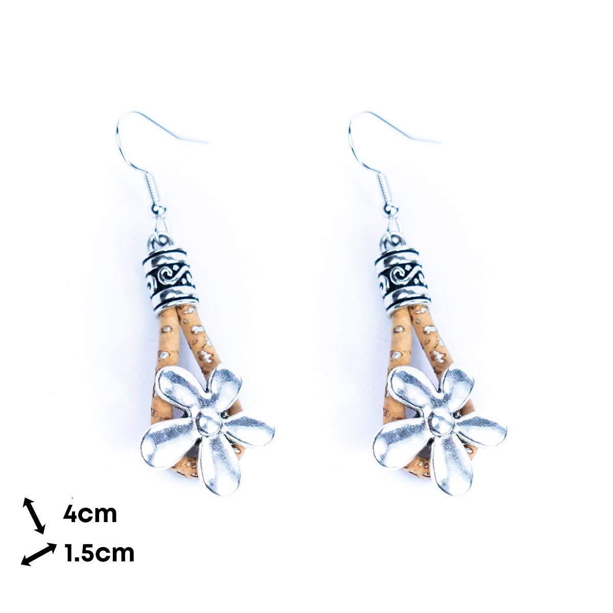 Natural cork cord and  flowers pendants handmade earrings-ER-187-5