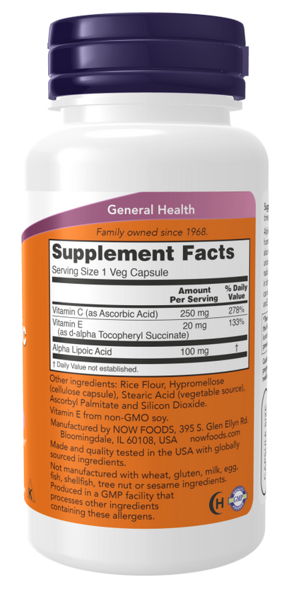 Ácido Alfa-Lipóico com Vitaminas C & E, 100mg - Cápsulas Vegetarianas