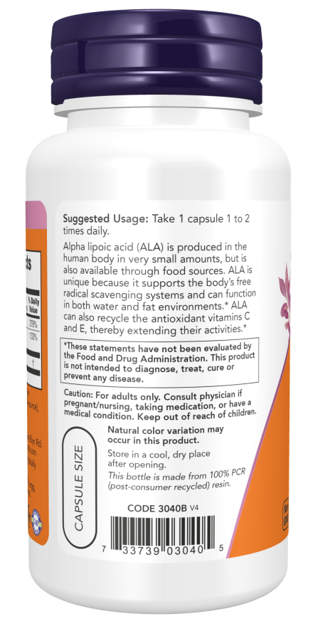 Ácido Alfa-Lipóico com Vitaminas C & E, 100mg - Cápsulas Vegetarianas