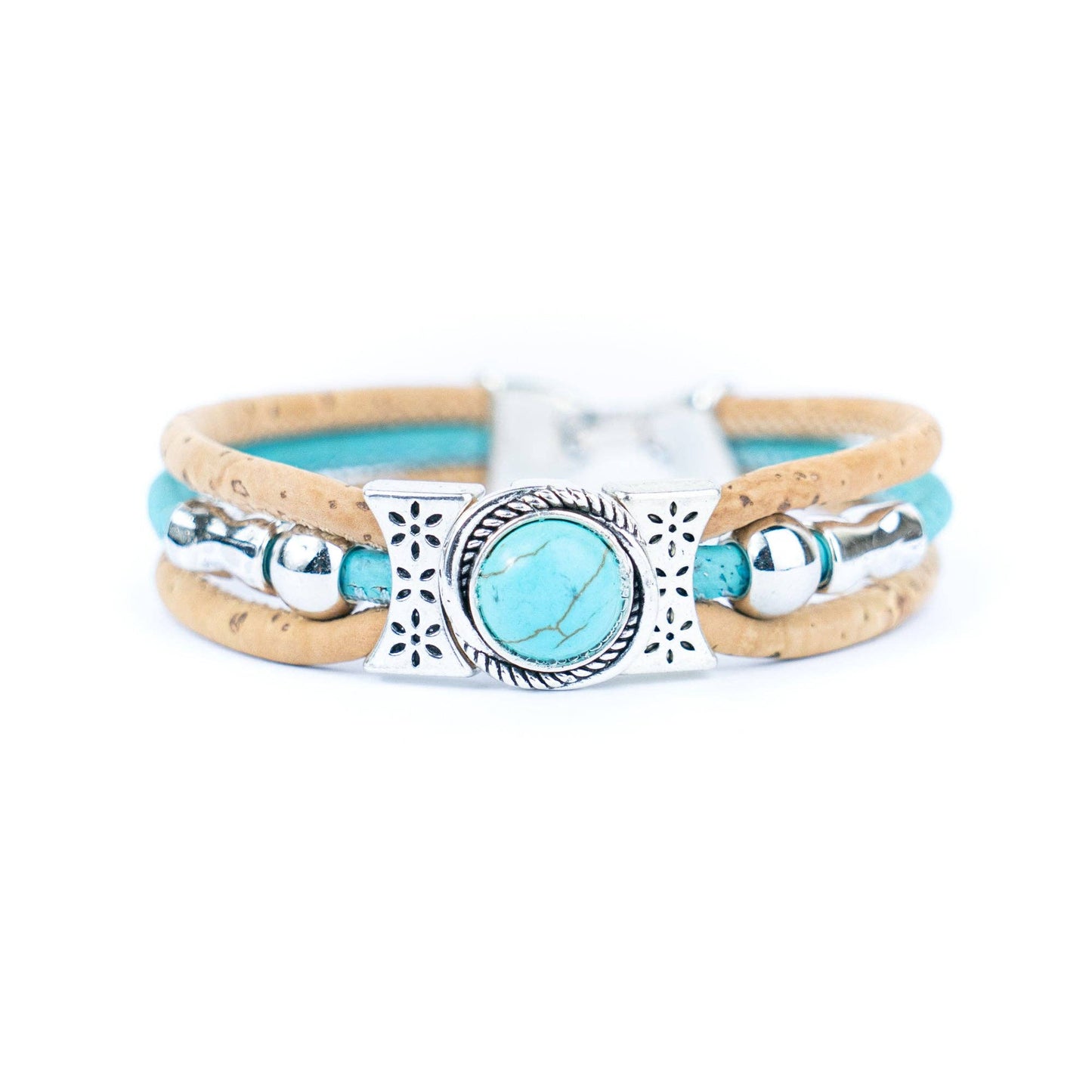 Natural cork cord and ceramic beads handmade bracelet and ring set
