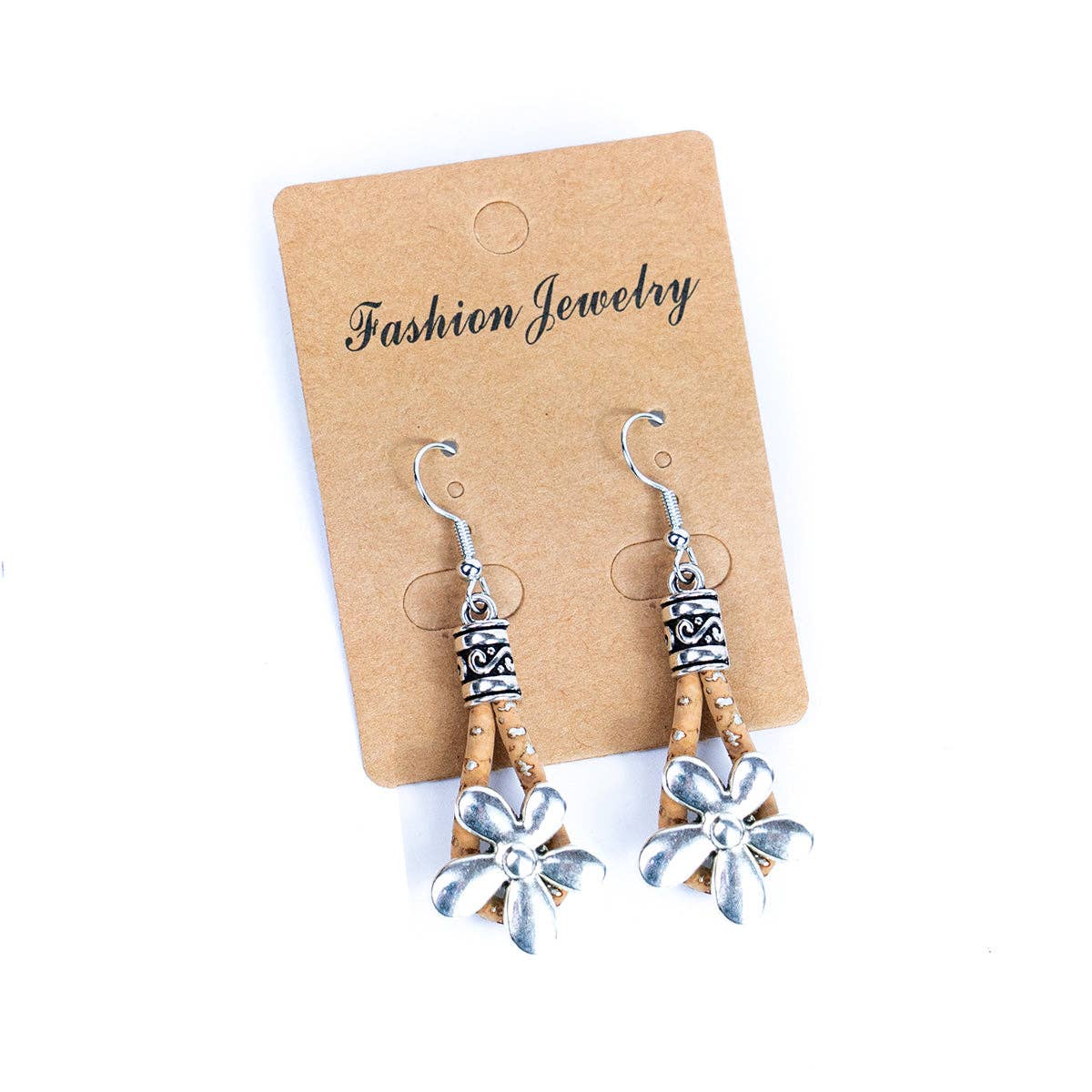 Natural cork cord and  flowers pendants handmade earrings-ER-187-5