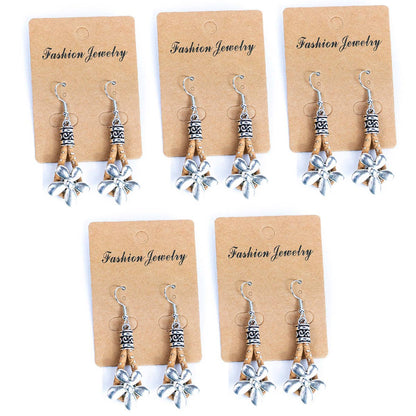 Natural cork cord and  flowers pendants handmade earrings-ER-187-5