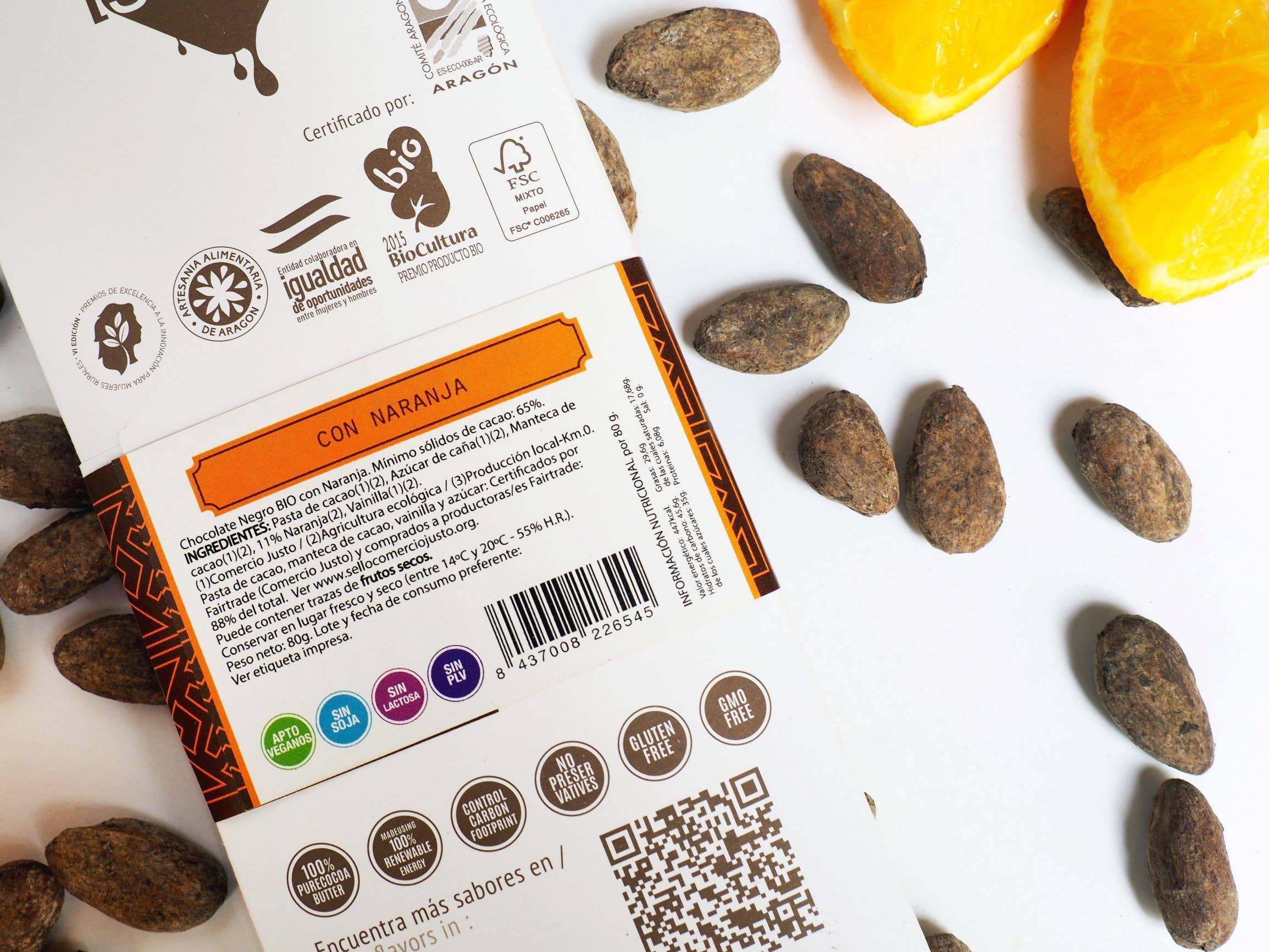 Chocolate negro biológico com laranja (caixa de 10 unidades)