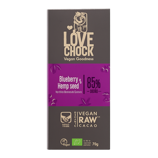 Chocolate Lovechock 85% com Mirtilos e Sementes de Cânhamo - Biológico, Cru, à Base de Plantas e Sustentável
