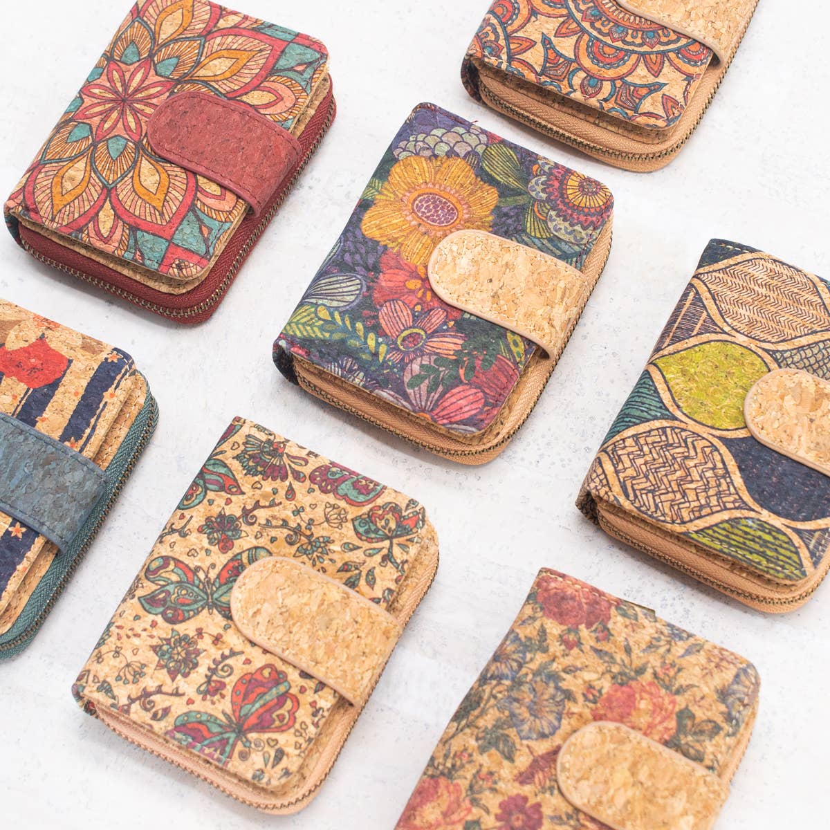Natural Cork Printed Women's Short Card Wallet BAG-2238 - Só Verde