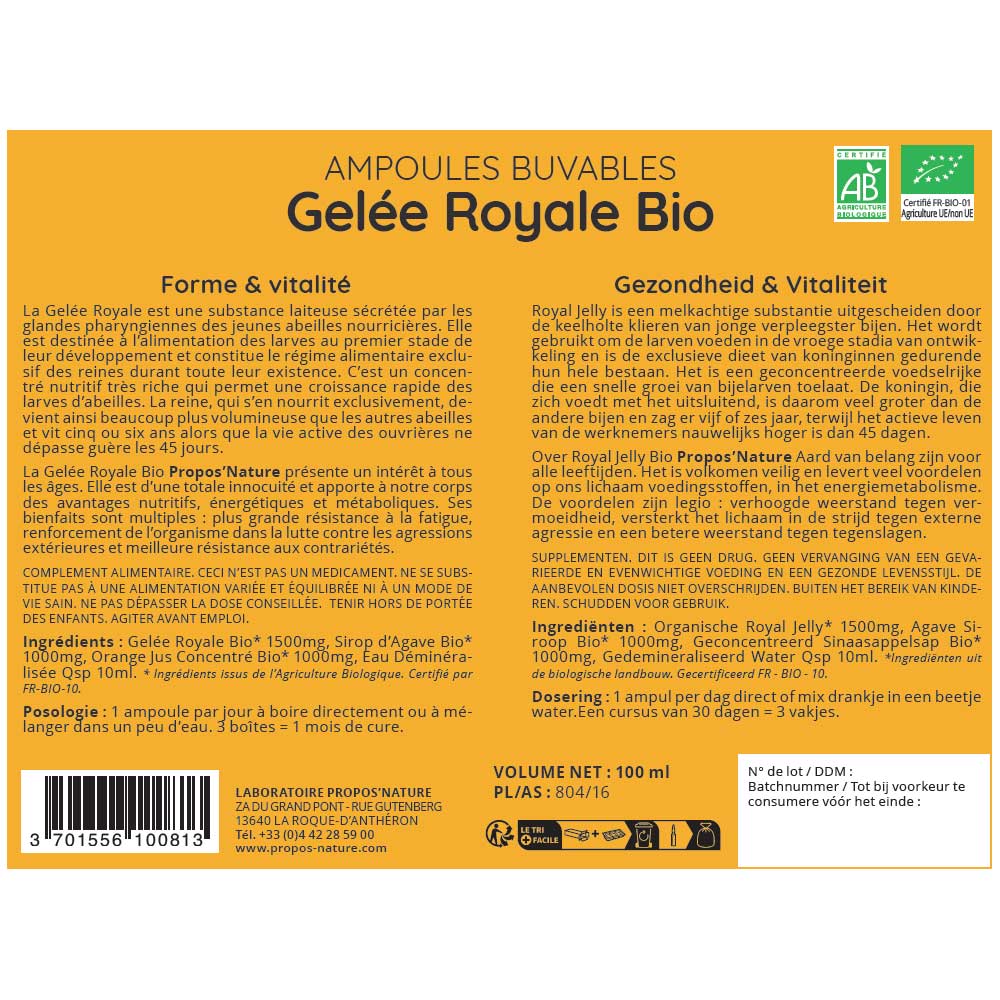 Organic Royal Jelly - 1500 mg dose - 10 ampoules of 10 ml - Só Verde