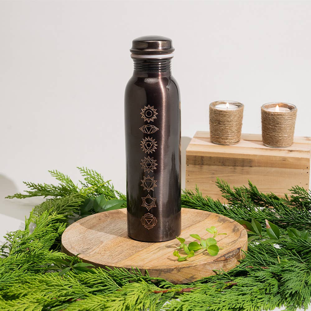 Pure Copper Water Bottle 7 Chakras Antique Finish - Só Verde