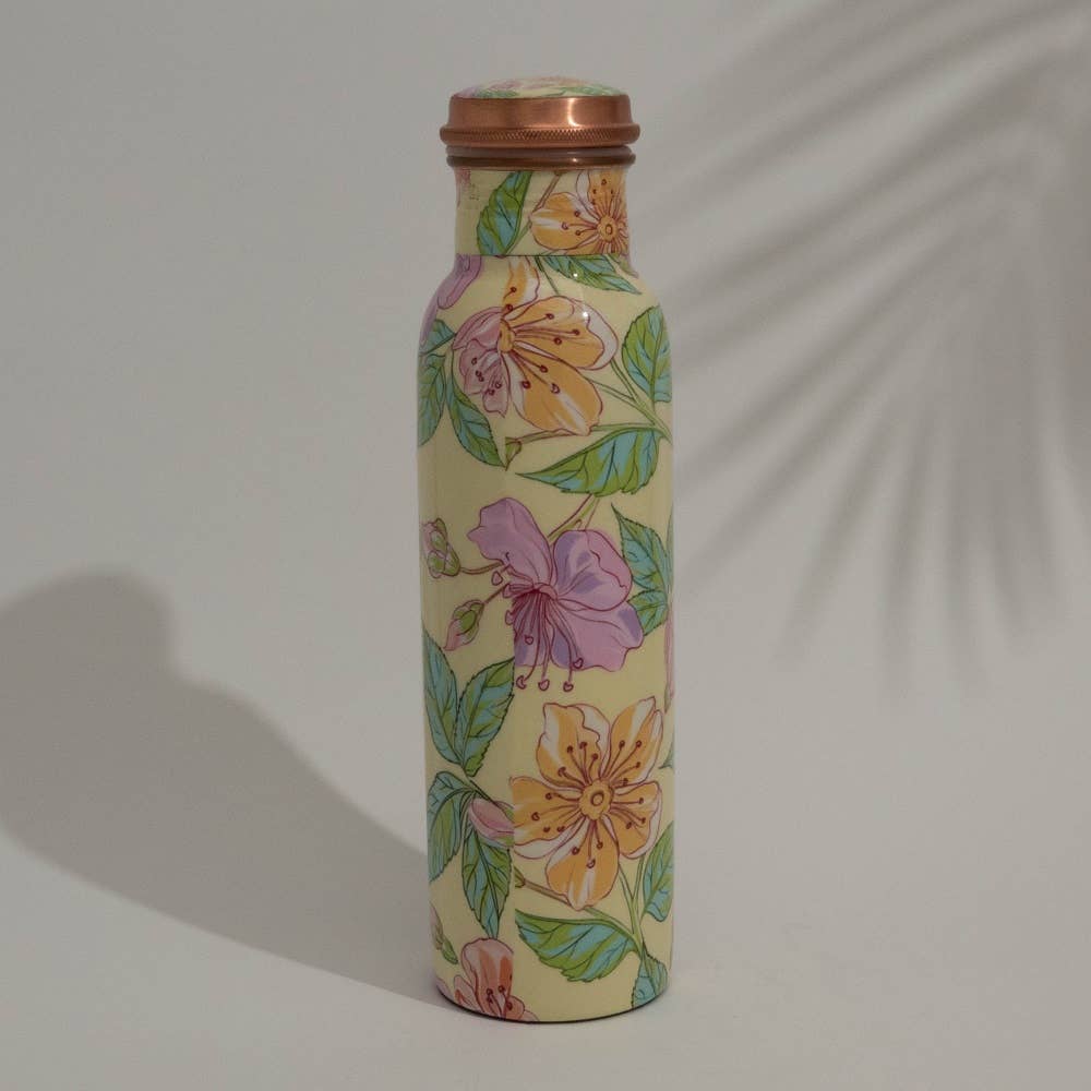 Pure Copper Water Bottle Floral Print Green / Pink / White - Só Verde