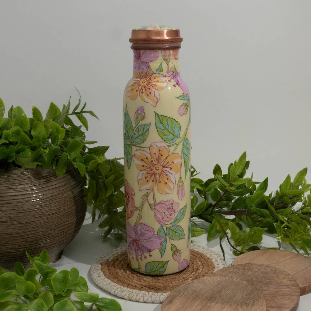 Pure Copper Water Bottle Floral Print Green / Pink / White - Só Verde