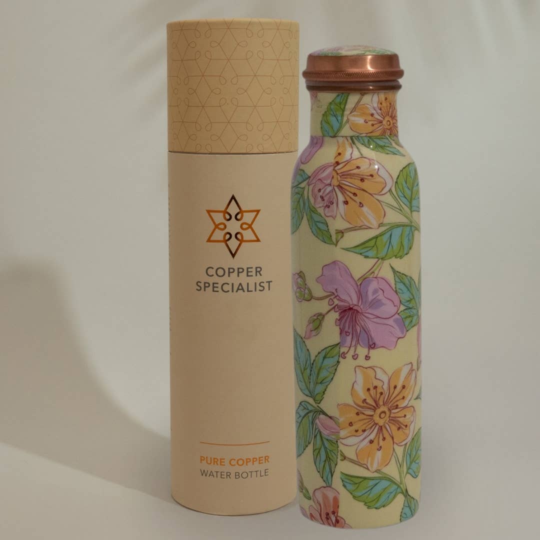 Pure Copper Water Bottle Floral Print Green / Pink / White - Só Verde