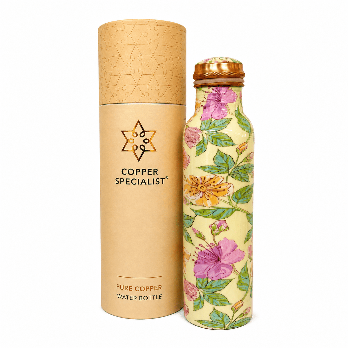 Pure copper water bottle floral print green/rosé/cream – 1 - Só Verde