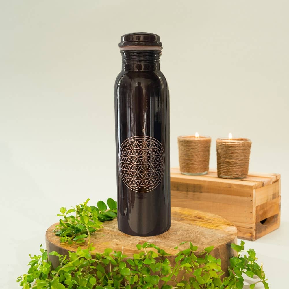 Pure copper water bottle flower of life antique ± 950 ml (320 - Só Verde