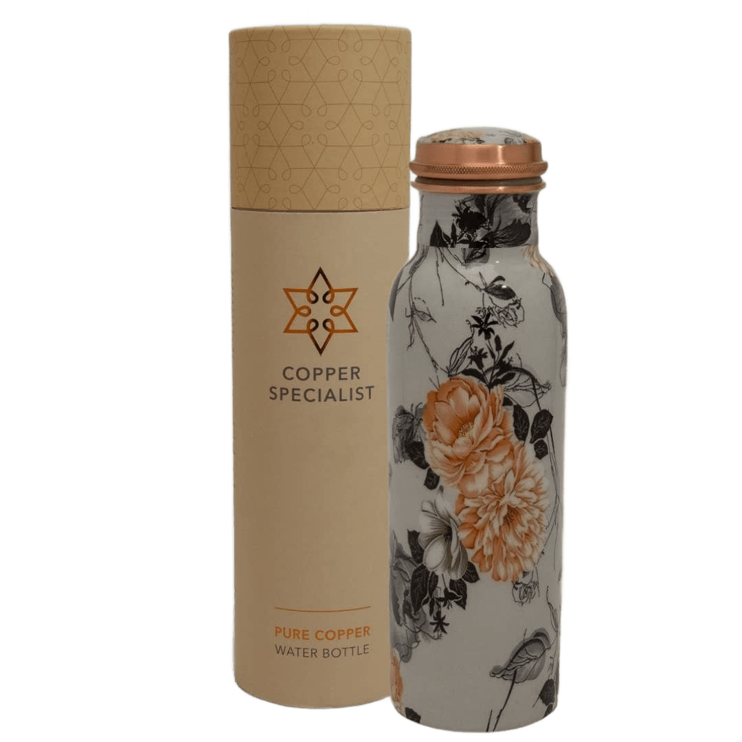 Pure Copper Water Bottle Flower Print White ± (heavy - Só Verde