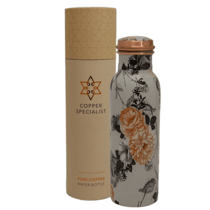 Pure Copper Water Bottle Flower Print White ± (heavy - Só Verde