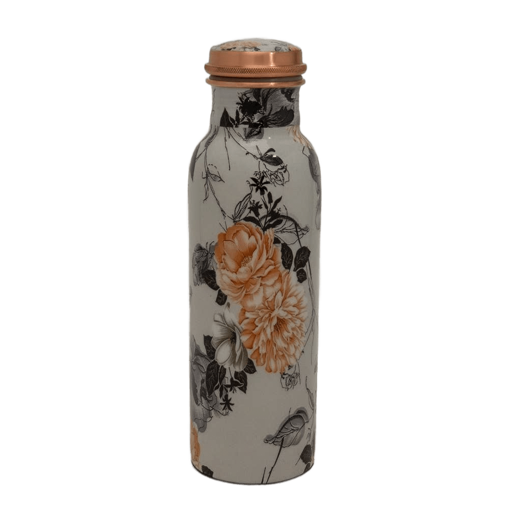 Pure Copper Water Bottle Flower Print White ± (heavy - Só Verde