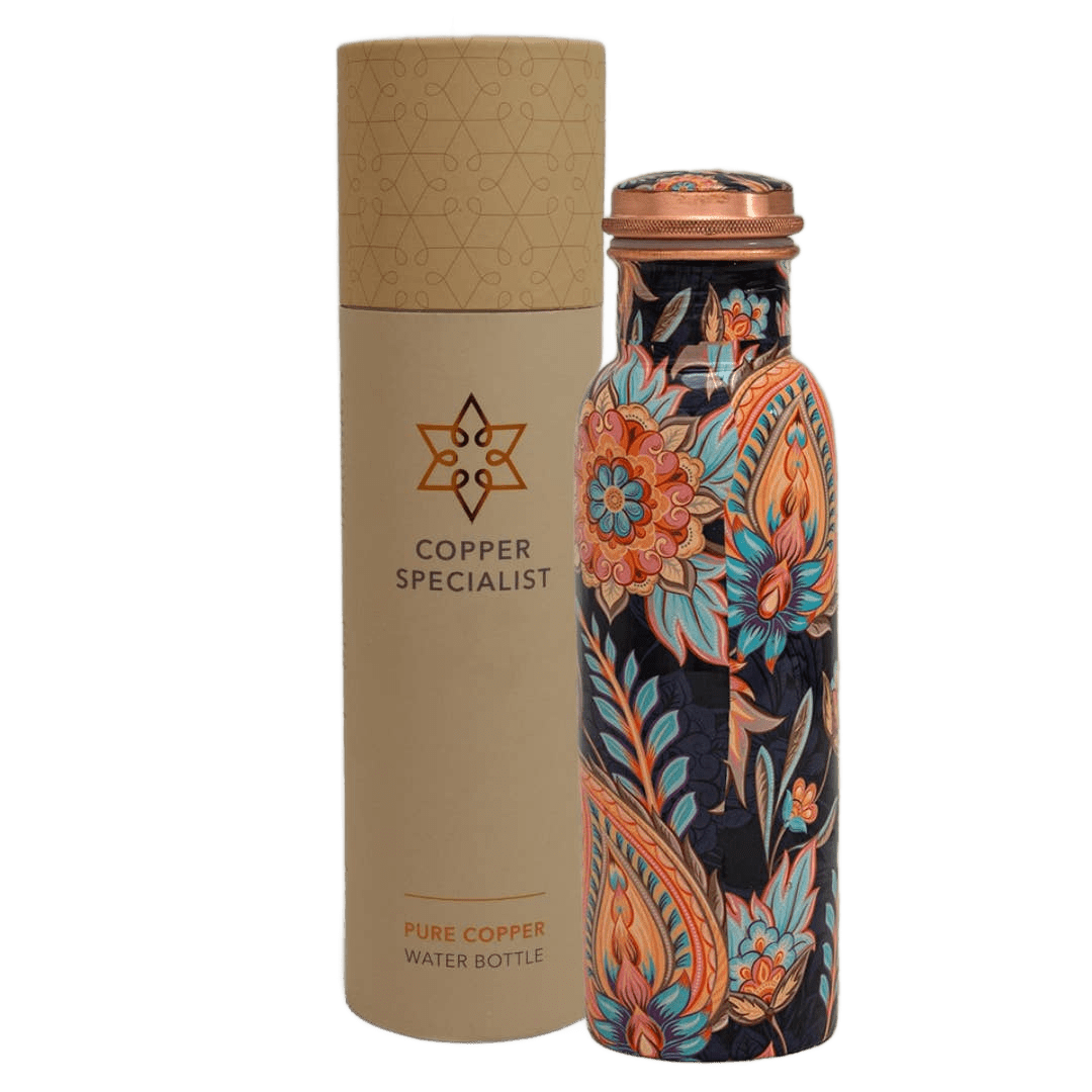 Pure Copper Water Bottle With Floral Print ± - Só Verde