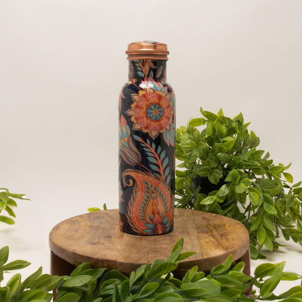 Pure Copper Water Bottle with Floral Print - Só Verde