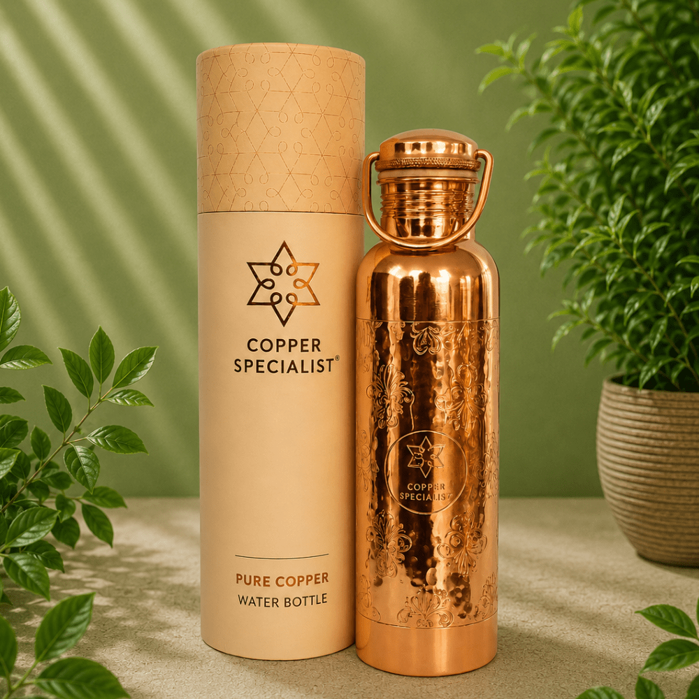 Pure copper water bottle with handle – engraved - Só Verde