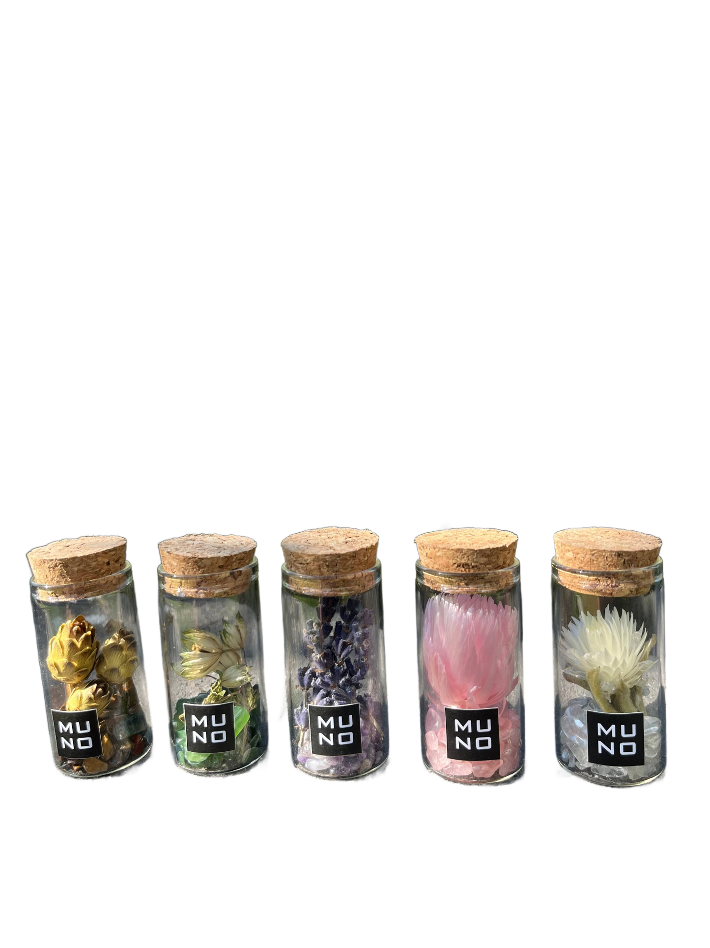 Set of 5 Glass Tubes with Gems and Dried Flowers - Só Verde