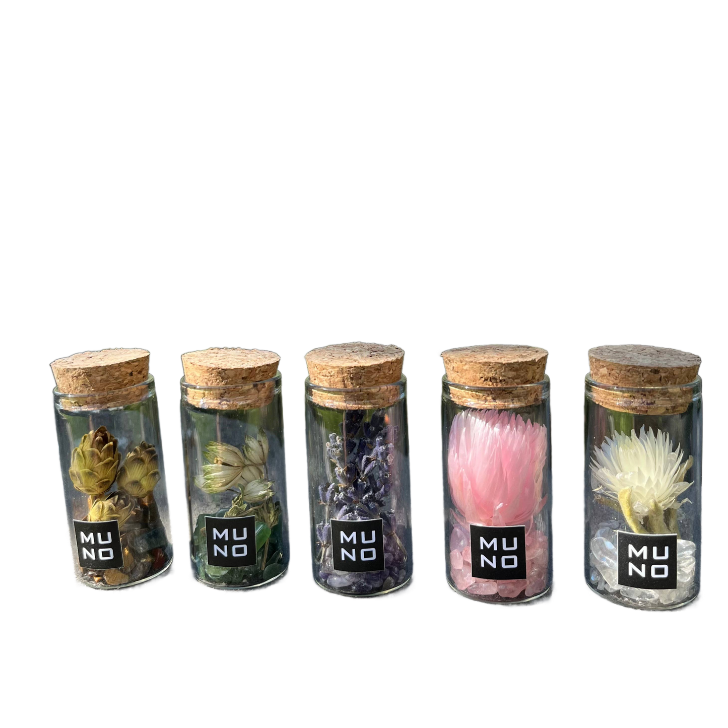 Set of 5 Glass Tubes with Gems and Dried Flowers - Só Verde