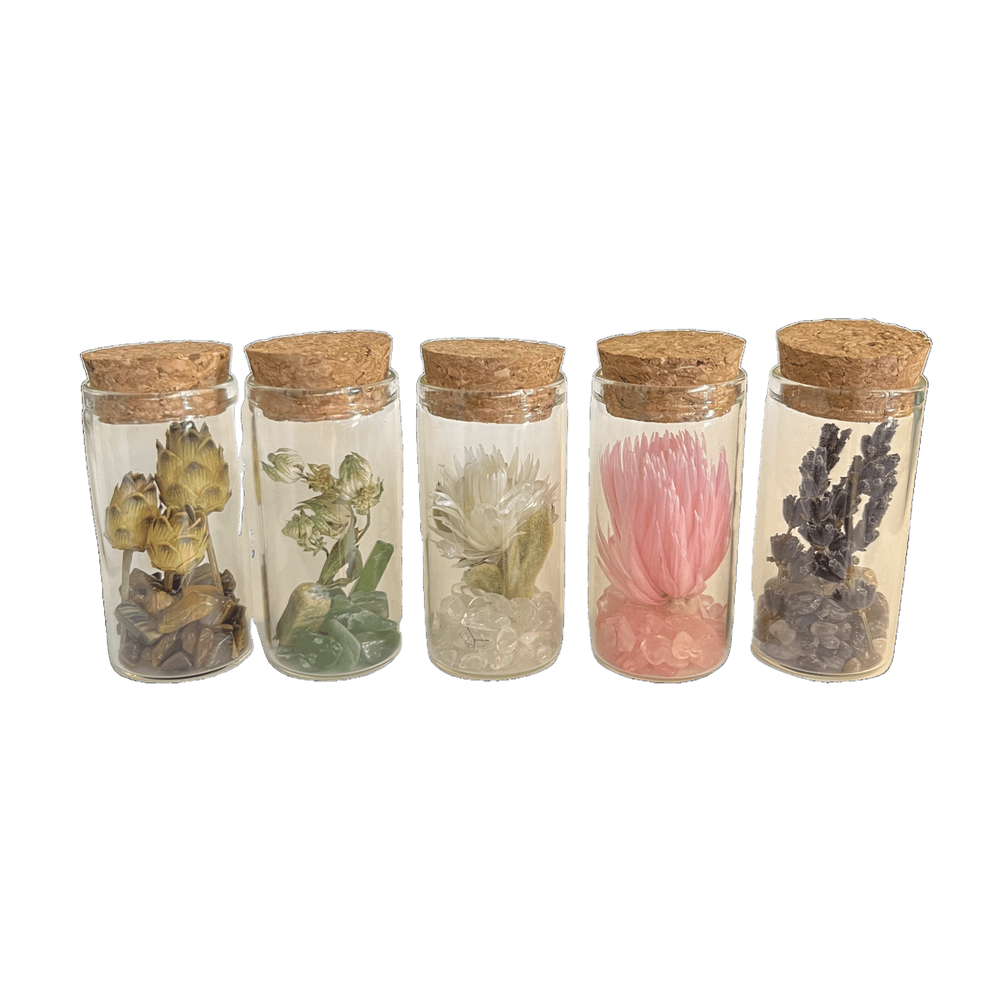 Set of 5 Glass Tubes with Gems and Dried Flowers - Só Verde